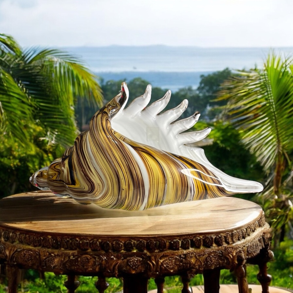 Murano Hand Blown Glass Cristalleria Minchella Conch Sea Shell- Striped Swirl